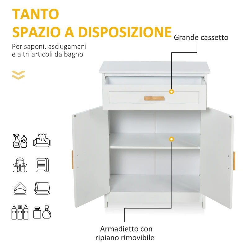 kleankin Mobiletto per Bagno o Camera da Letto in MDF Bianco Impermeabile con Cassetto e Armadietto, 59 x 29 x 80cm