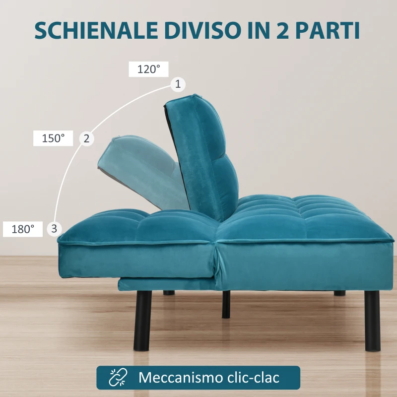 HOMCOM Divano Letto Reclinabile, Divano 3 Posti per Soggiorno e Camera da Letto in Velluto Verde, Legno e Acciaio