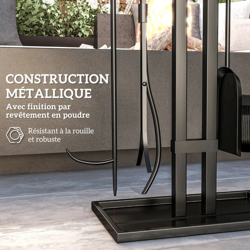 Outsunny Ensemble serviteur de cheminée 5 pièces, outils de cheminée, en métal, balai, pelle, pince, tisonnier et support, noir