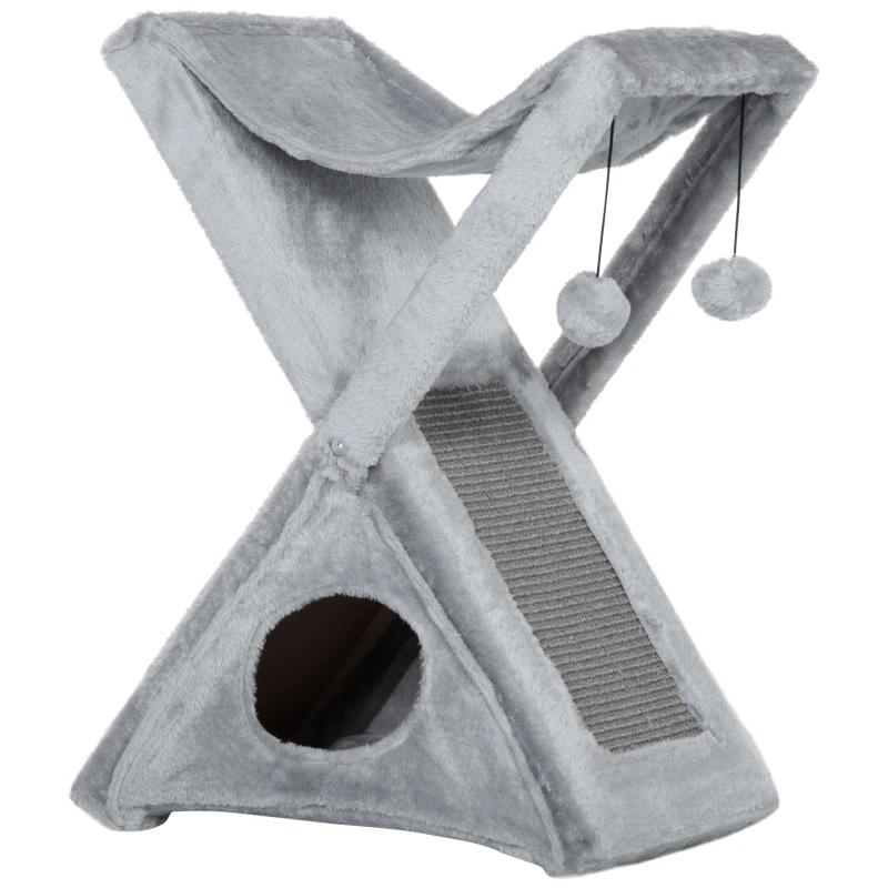 PawHut Two Tier Cat Tree for Indoor Cats Play Rest Activity Tower Plush Folding Relax Center w/ Scratching Post Hammock Pom Poms Grey