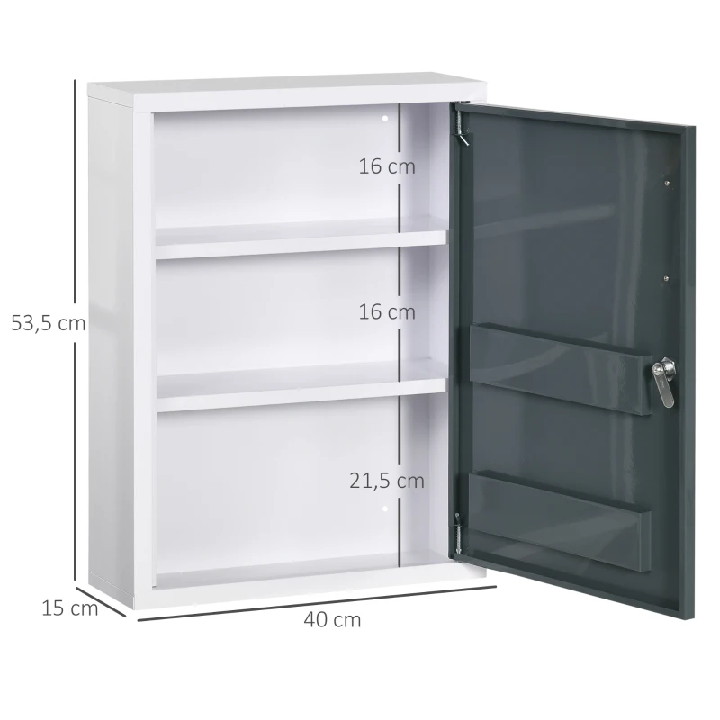 kleankin Armoire à pharmacie 2 étagères 3 niveaux avec porte verrouillable 2 clés 40 x 15 x 53,5 cm blanc et gris