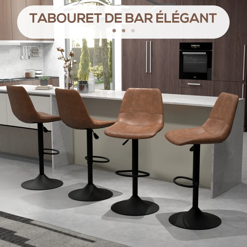 HOMCOM Lot de 4 tabourets de bar style vintage réglable pivotant avec repose-pied revêtement synthétique marron