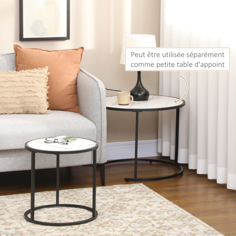 HOMCOM Lot de 2 Tables Basses Rondes gigogne empilables Plateau en bois aspect marbre et Pieds en métal Noir