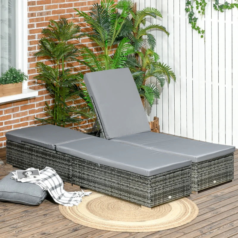 Outsunny PE Rattan Sun Loungers set of 2 with Cushion, Outdoor 2 Pieces Garden Sunbed Furniture with 5-Level Recliner Backrest, Reclining Patio Wicker Bed Chair, Grey