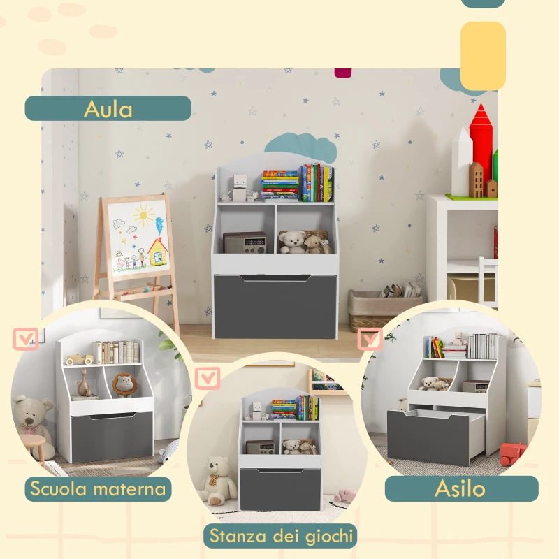 AIYAPLAY Libreria per Bambini a 2 Livelli con Cassetto su Ruote per Giochi e Libri, 62x40x88 cm, Bianco