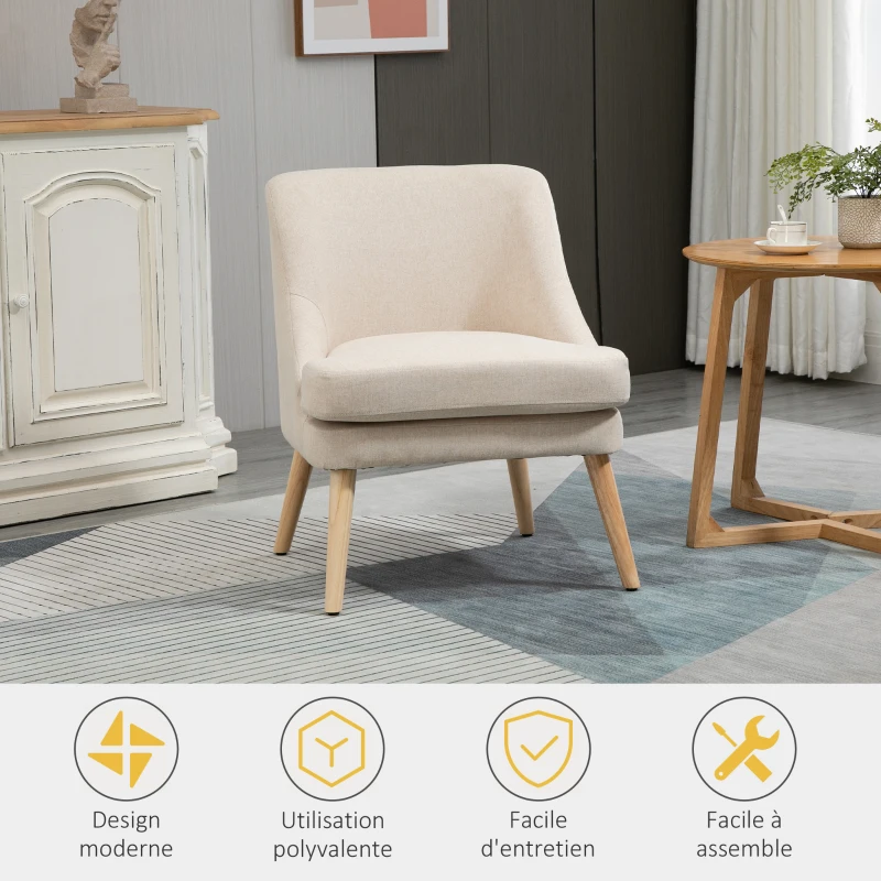 HOMCOM Fauteuil Scandinave Fauteuil salon confortable Fauteuil pour chambre Pieds en Bois Massif revêtement Tissu Lin beige
