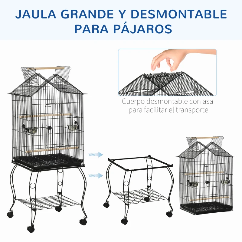 PawHut Jaula de Pájaros con Soporte Ruedas Bandeja Extraíble y Comederos para Canarios Periquitos 50x58x137-145 cm Negro