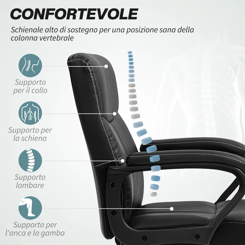 HOMCOM Sedia da Ufficio ad Altezza Regolabile con Funzione di Inclinazione, in Pelle PU, 61x62x95-105 cm, Nero