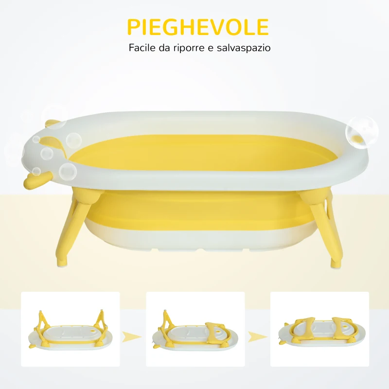HOMCOM Vaschetta Bagnetto Pieghevole per Bambini 0-3 Anni con Indicatore di Temperatura e Cuscino, 81.5x50.5x23.5 cm, Giallo