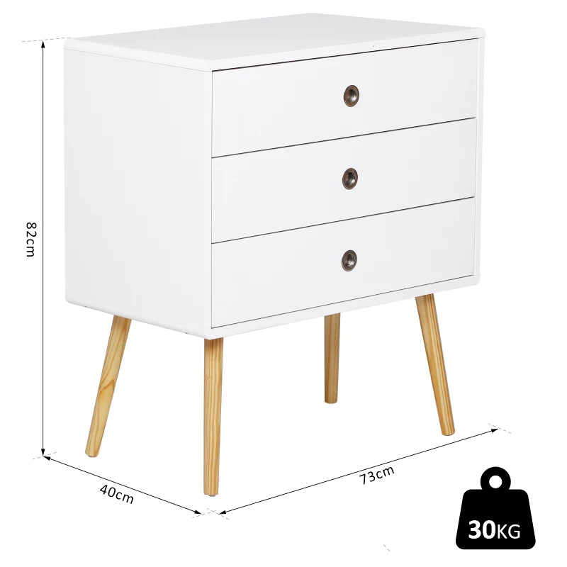 HOMCOM Commode meuble de rangement 3 tiroirs dim. 73L x 40l x 82H cm MDF blanc bois massif pin