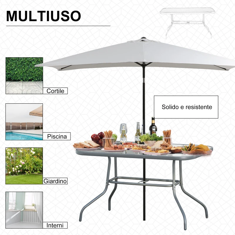 Outsunny Tavolo da Giardino con Foro per Ombrellone, Arredamento da Esterno in Metallo e Vetro 120x80x70cm Grigio