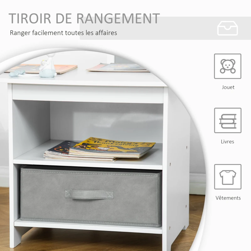 HOMCOM Ensemble table et chaises enfant - set de 3 pièces + 2 tiroirs non tissés - table étagère pour jouets 2 en 1 - MDF blanc gris
