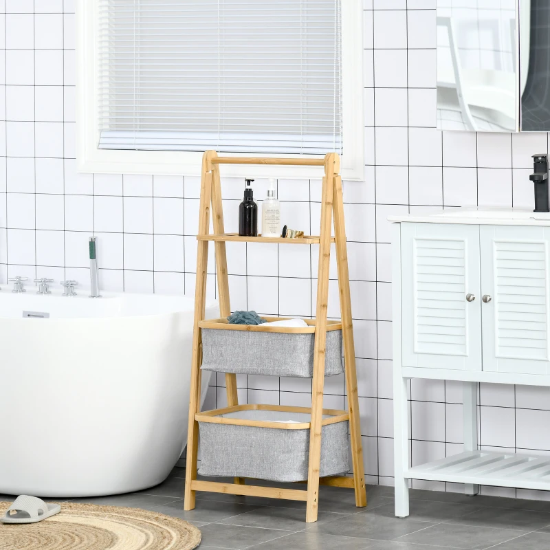 HOMCOM Scaffale Salvaspazio a 3 Ripiani in Bambù, Mobiletto Bagno Pieghevole con 2 Cassetti in Tessuto Grigio, 44.5x33x108cm