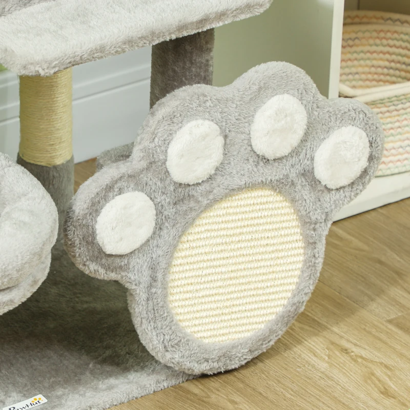 PawHut Árbol para gatos 110 cm Torre para Gatos con Nidos Cueva Plataforma Almohadilla de Rascado Bola Colgante Gris Claro