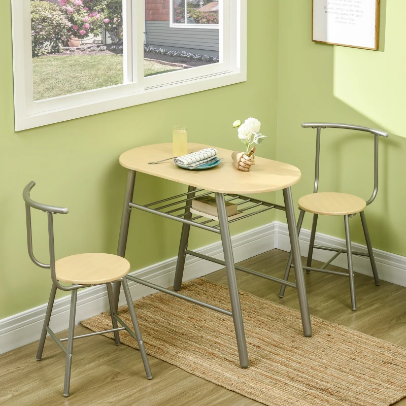 HOMCOM Set da Pranzo Salvaspazio da 3 Pezzi con Tavolo da Pranzo Ovale con Ripiano e 2 Sedie in MDF e Acciaio