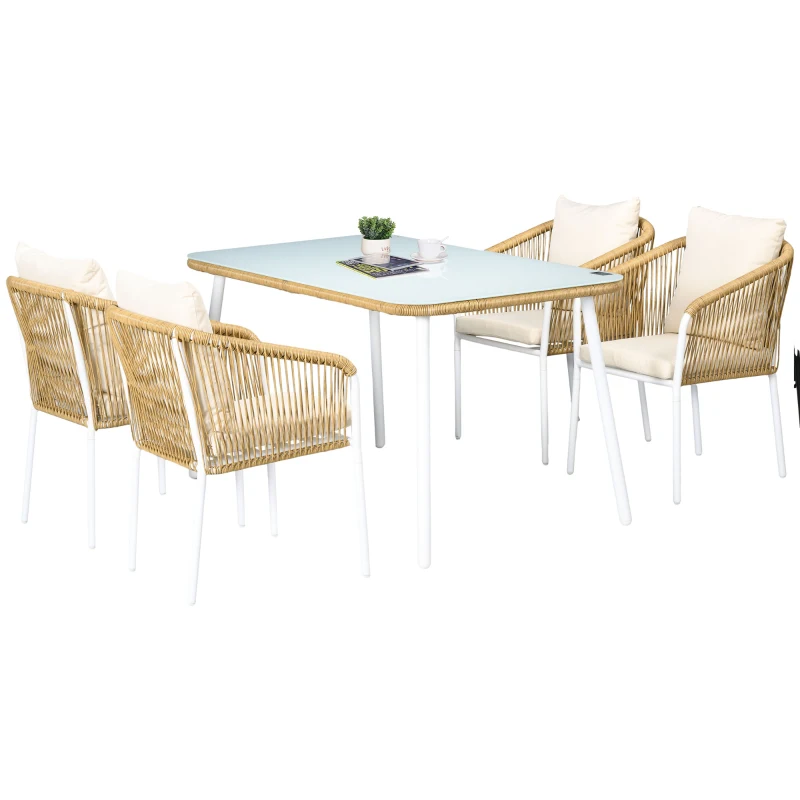 Outsunny Salon de Jardin 4 personnes en rotin PE avec chaises empilables et coussins, plateau en verre trempé cadre en aluminium