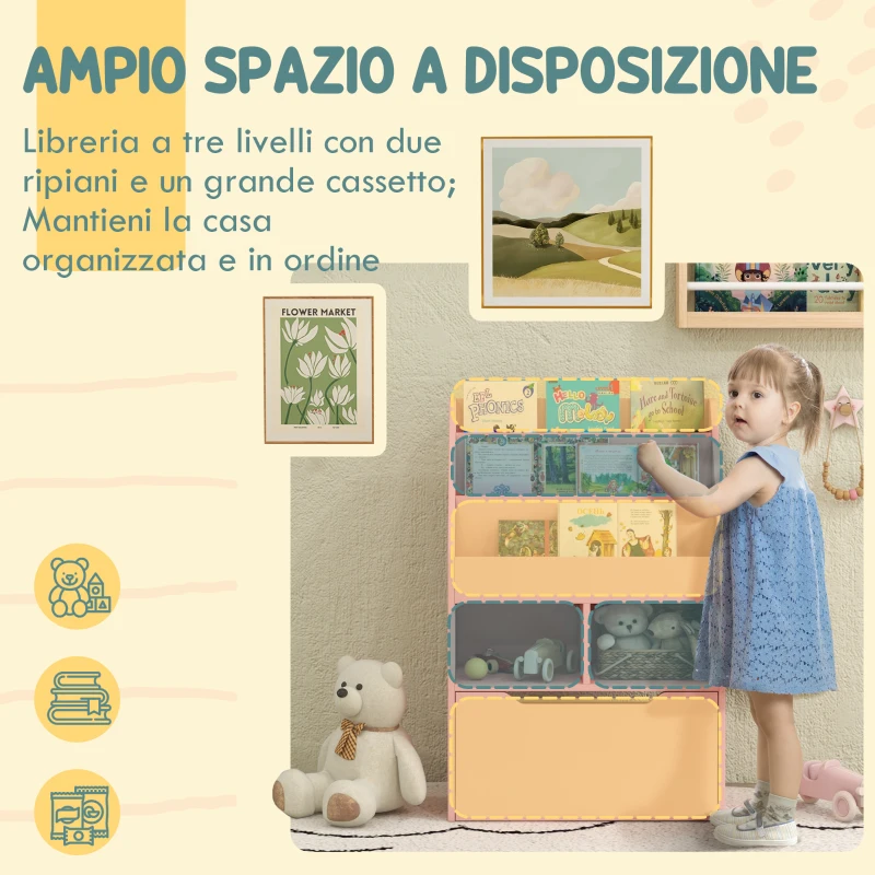 HOMCOM Piccola Libreria per Bambini con Ripiani e Cassetto in MDF, 60x29.9x90cm, Rosa