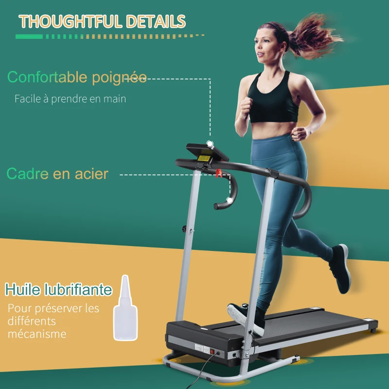 HOMCOM Tapis de course Fitness électrique pliable - 1 à 10 Km/h - écran LCD multifonctions - puissance 500 W - gris foncé noir