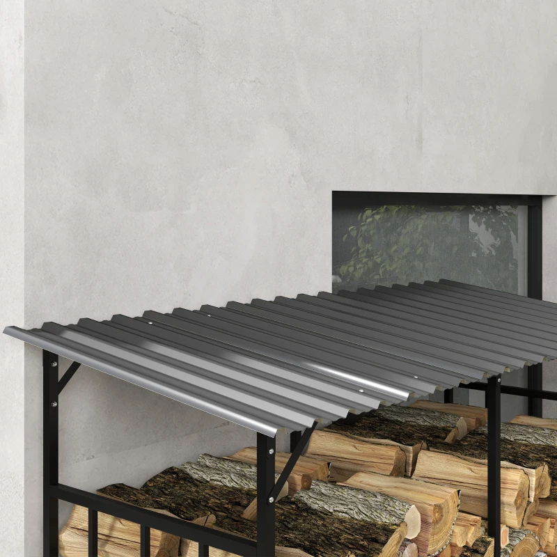 Outsunny Abri à bois en acier galvanisé à 2 niveaux, rack de rangement pour bûches avec toit métal, 186 x 75 x 185 cm