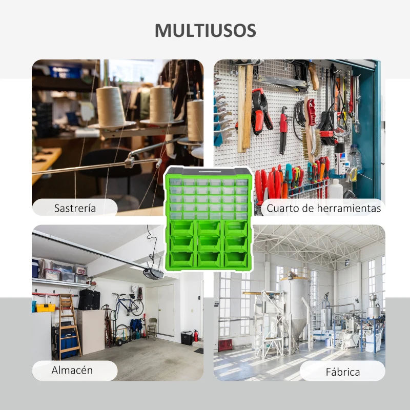 DURHAND Armario Organizador de Herramientas 39 cajones tipo Estantería DIY Caja Cajonera de Herramientas 38x16x47,5 cm Verde