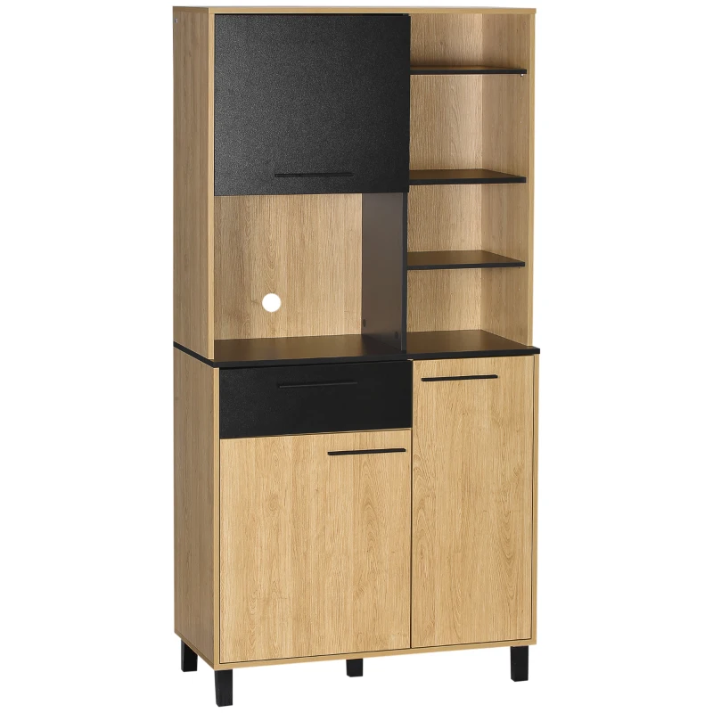 HOMCOM Armoire de cuisine multi-rangements avec tiroir 3 placards 4 niches et passe-câbles hauteur 180 cm noir et bois naturel(m-11)