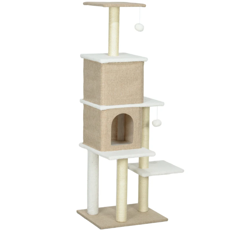 PawHut Árbol Rascador para Gatos de Borreguito de 140 cm con 2 Cuevas Plataformas Bolas Colgantes y Poste de Sisal Marrón Claro