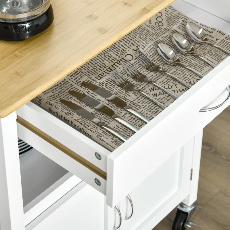HOMCOM Carrello Cucina con Cassetto Armadietto e Scaffale, Carrellino Portavivande con Piano in Bambù e 4 Ruote, Bianco