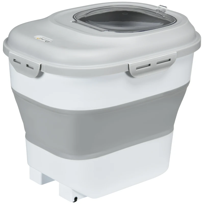 PawHut Contenedor de Comida para Perros 25L con Ruedas Taza Medidora Cuenco Plegable y Cuchara Gris