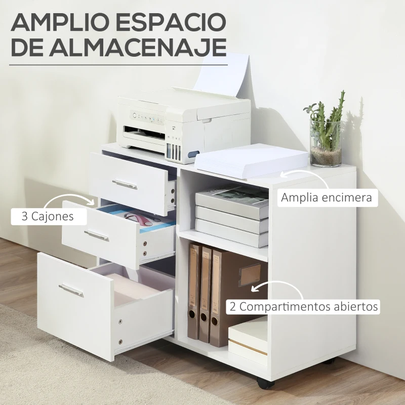 HOMCOM Armario de Oficina para Impresora Mueble Multifuncional con 3 Cajones Estantes y Ruedas 80x40x65 cm Blanco