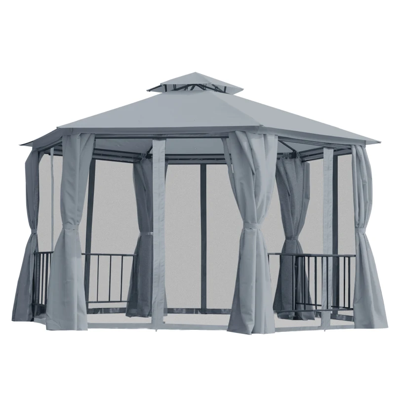 Outsunny 3 x 3(m) Hexagon Gazebo Patio Canopy Party Tent Outdoor Garden Shelter w/ 2 Tier Roof & Side Panel - Grey