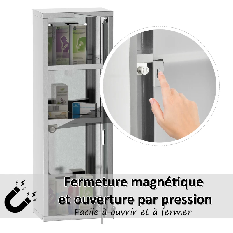 kleankin Armoire à Pharmacie 2 étagères 3 Niveaux 20L x 12l x 58H cm Porte Verre trempé Symbole Croix Acier INOX.