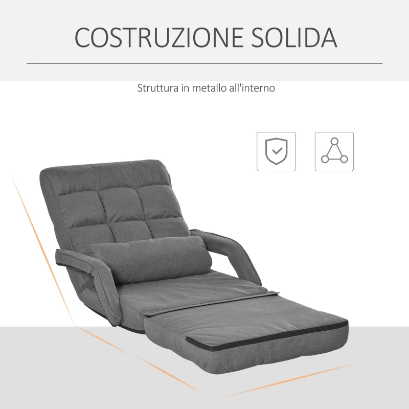 HOMCOM Poltrona Letto Singolo con Cuscino e Schienale Reclinabile su 5 Livelli, 62x78x70 cm, Grigio