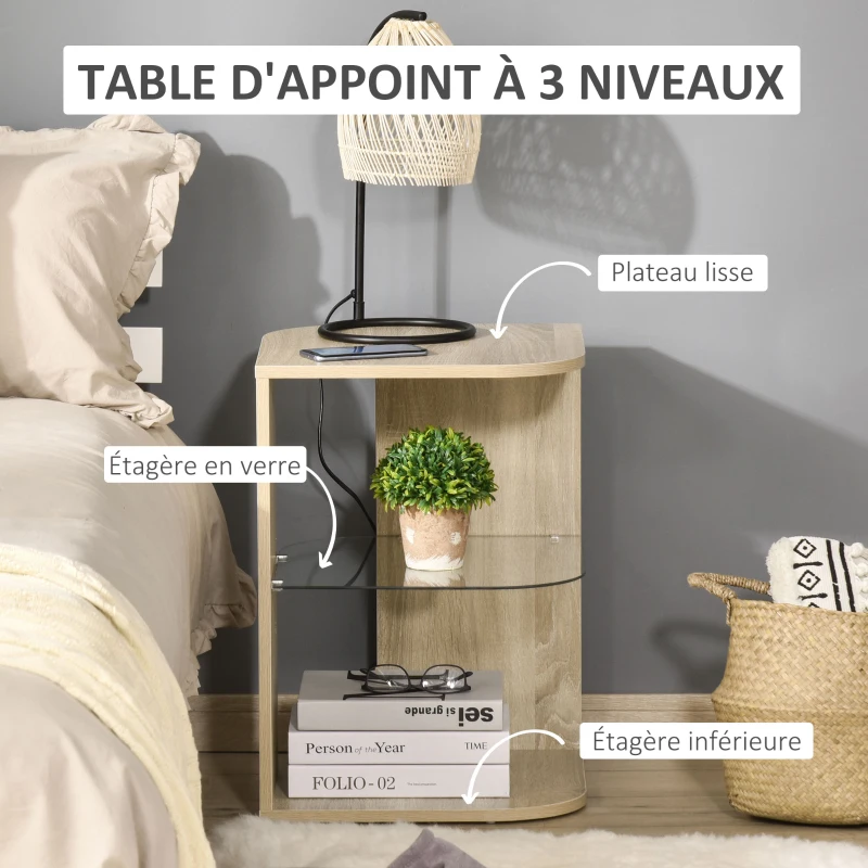 HOMCOM Table d'Appoint Guéridon Design Contemporain Bout de Canapé étagère Verre trempé Bois naturel