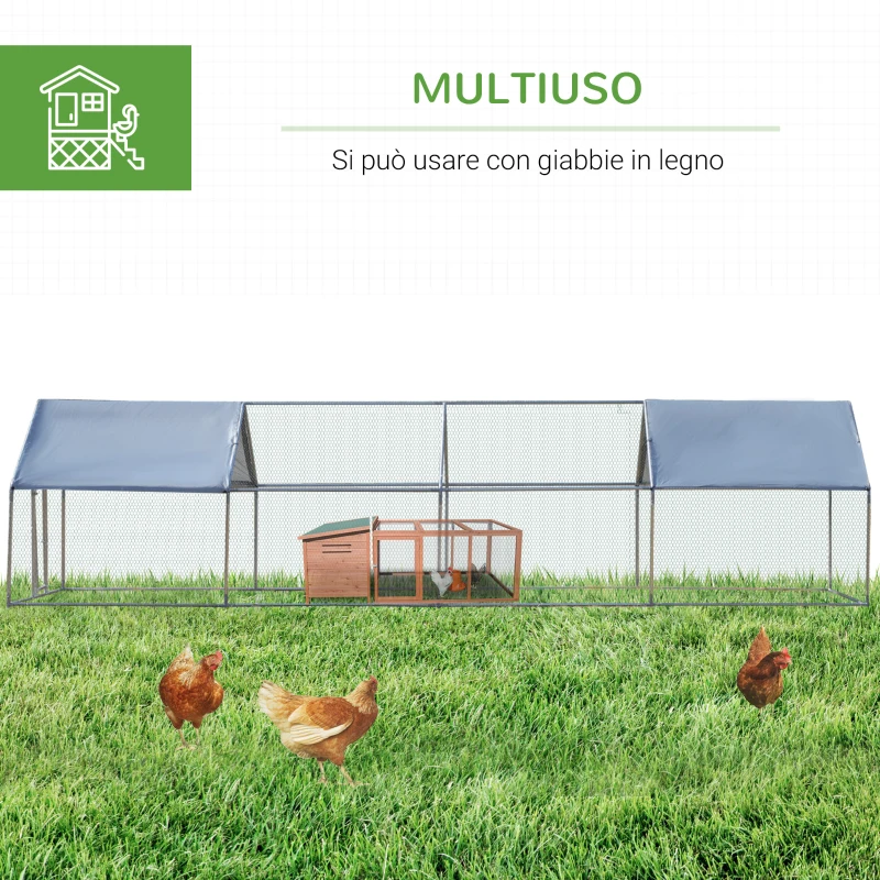 PawHut Pollaio per Galline in Metallo Zincato con Copertura Resistente Acqua e Raggi UV, 300x800x195cm