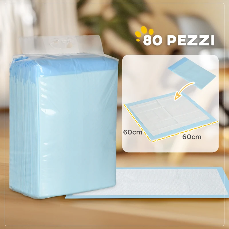 PawHut Set 80 Tappetini Igienici per Cani a 6 Strati in Tessuto non Tessuto, Carta e PE, 60x60 cm, Blu e Bianco