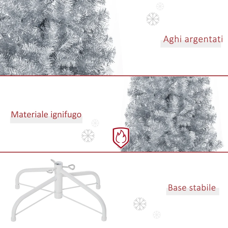 HOMCOM Albero di Natale Artificiale Alto 180cm con 618 Rami, Albero di Natale Slim con Base Rimovibile, in PET e Acciaio, Argento