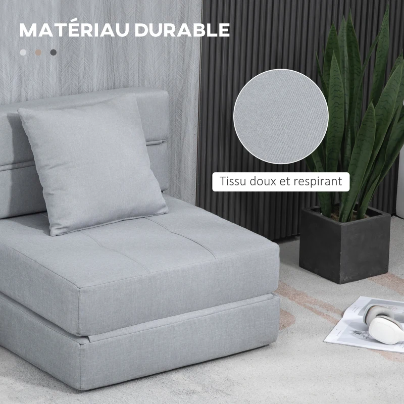 HOMCOM Chauffeuse canapé-lit convertible fauteuil 1 place avec 1 coussin déhoussable, tissu gris clair