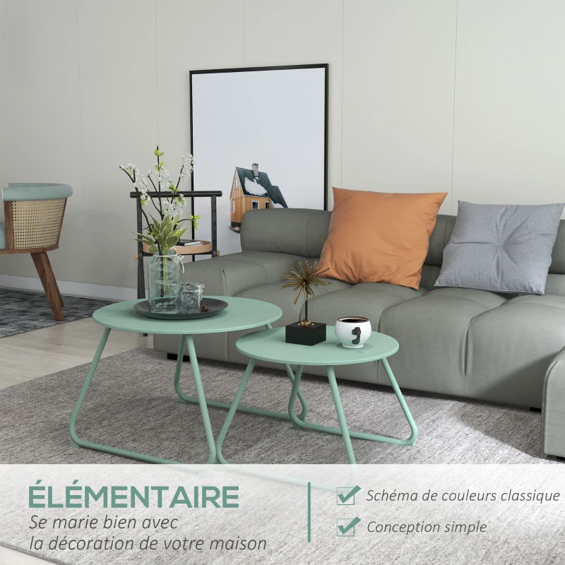 Outsunny Lot de 2 tables basses rondes gigognes empilables de Jardin métal époxy, Table d'Appoint Stable pour extérieur, vert