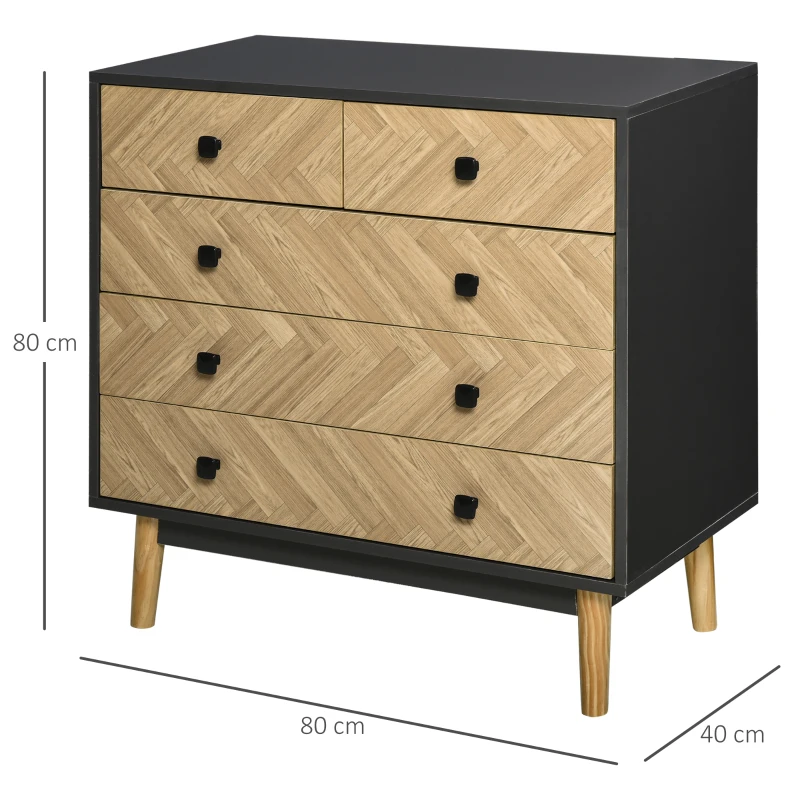 HOMCOM Commode 5 tiroirs Design scandinave Graphique dim. 80L x 40l x 80H cm Panneaux de Particules Gris foncé chêne Clair
