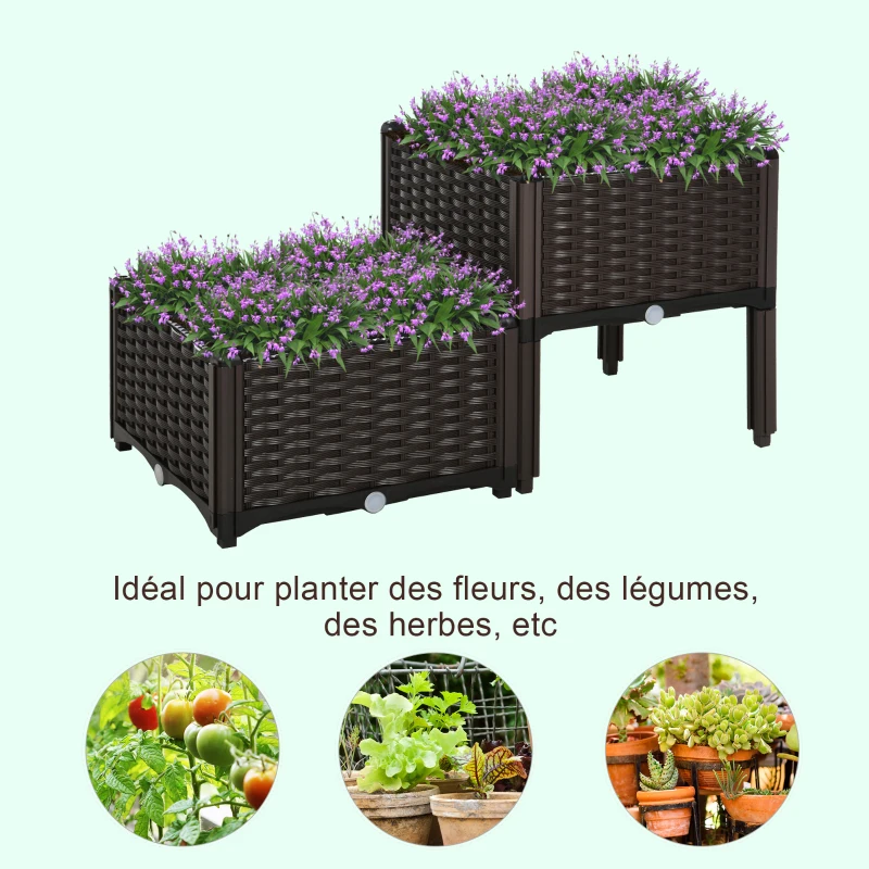 Outsunny Jardinière sur Pieds carré Potager 2 étages dim. 80L x 40l x 44H cm Insert d'irrigation Plastique Chocolat