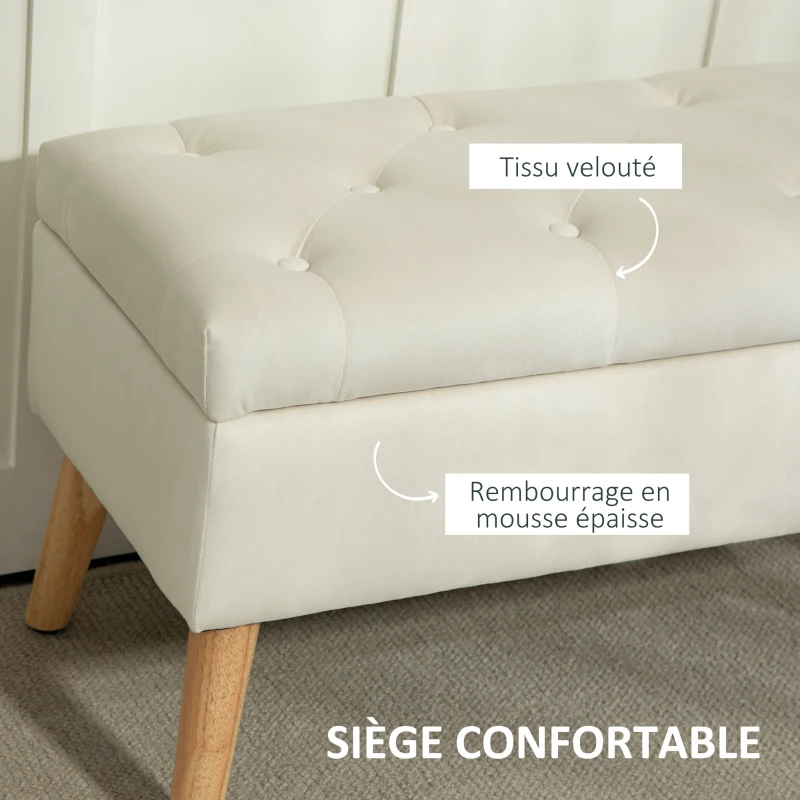 HOMCOM Banc de rangement coffre de rangement tissu effet velours pieds en bois charge max. 120 kg 80 x 35 x 42 cm, crème