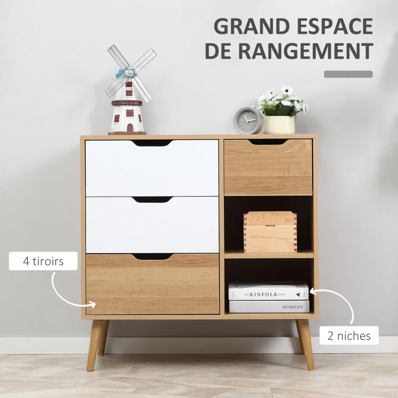 HOMCOM Buffet de salle à manger et cuisine Commode Meuble de Rangement sur Pieds avec 4 tiroirs 2 niches Style scandinave Blanc Aspect Bois Clair