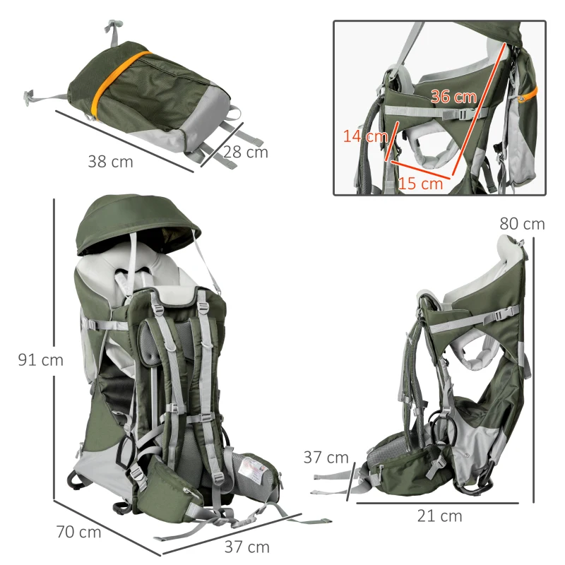 HOMCOM Zaino Porta Bimbo fino a 18 kg Età 6-36 Mesi in Alluminio con Tettuccio, Cintura e Spallacci Regolabili