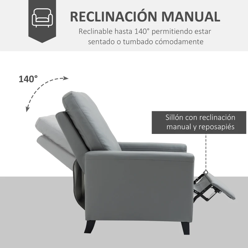 HOMCOM Sillón Relax Reclinable hasta 140° Tapizado en PU con Reposapiés Retráctil Asiento y Respaldo Acolchados para Salón Oficina Dormitorio 70,5x86x99 cm Gris