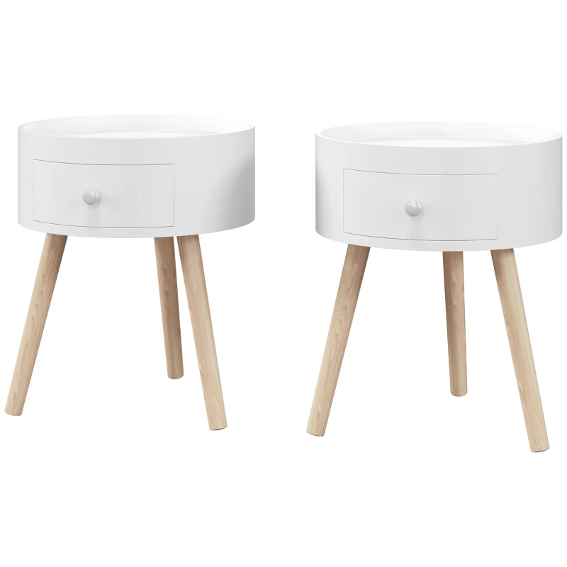 HOMCOM Modern Side Table, Small Coffee Table, Round Bedside Table with Drawer and Wood Legs for Living Room, Bedroom, Set of 2, White