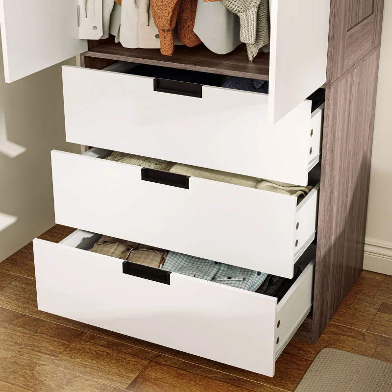 HOMCOM Armoire 2 portes, armoire moderne avec 3 tiroirs et tringle de suspension pour chambre à coucher, marron