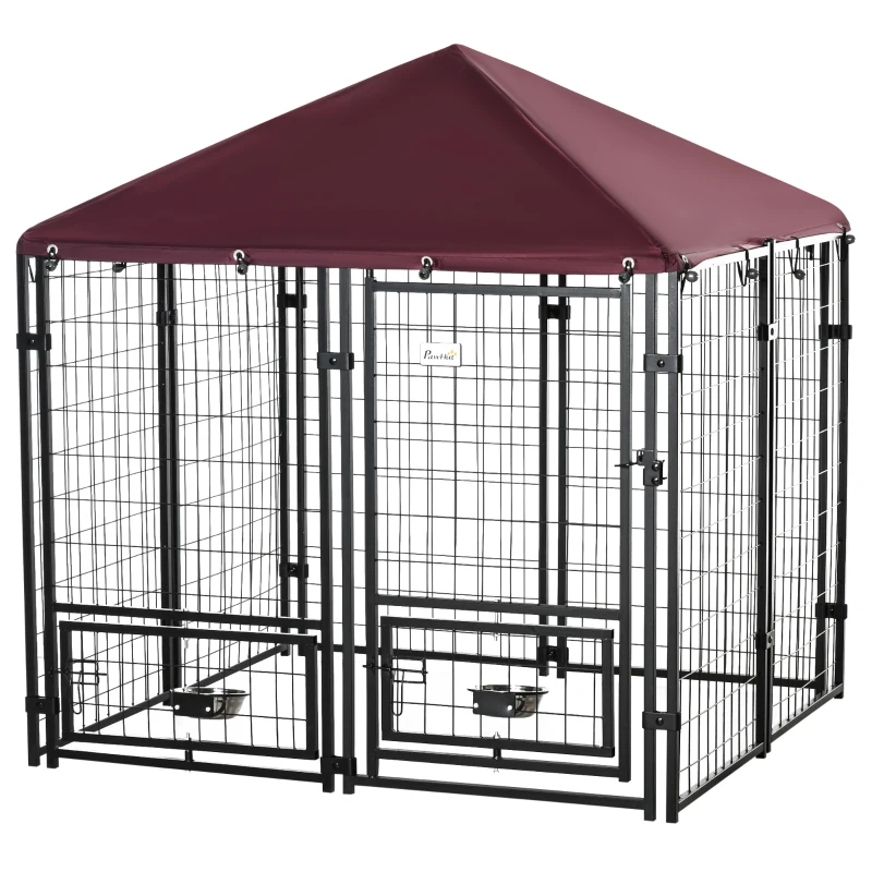 PawHut Perrera de Exterior con 2 Soportes Giratorios para Comida 2 Cuencos y Toldo de Impermeable 141x141x153 cm Negro y Rojo
