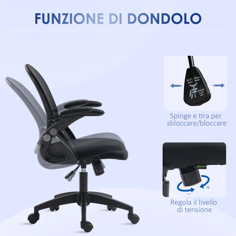 Vinsetto Sedia da Ufficio Ergonomica con Schienale a Rete e Altezza Regolabile, 65.5x61.5x88-97.5cm, Nero