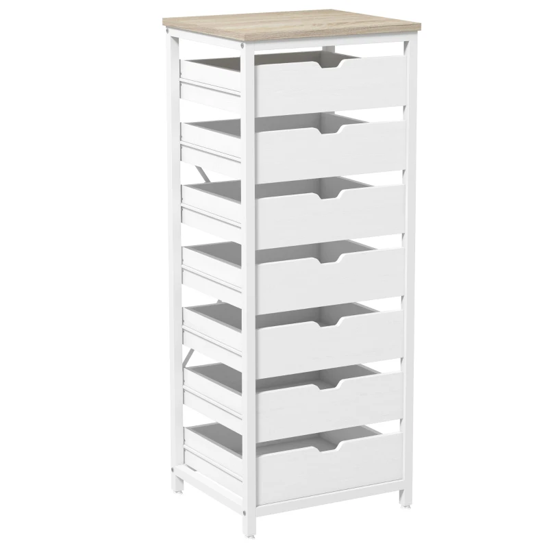 HOMCOM Commode meuble de rangement chiffonier à 7 tiroirs style comtemporain avec cadre en acier et poignées découpées blanc