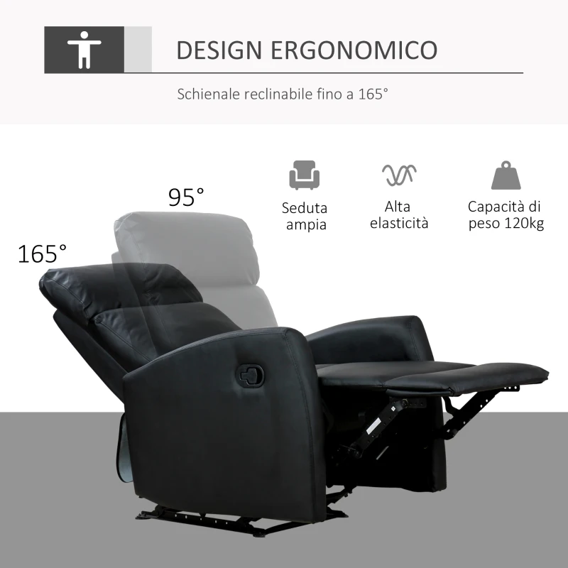 HOMCOM Poltrona Relax Reclinabile, Regolabile ed Ergonomica, in Pelle PU con Imbottitura, per Casa e Ufficio, 65x92x100 cm, Nera
